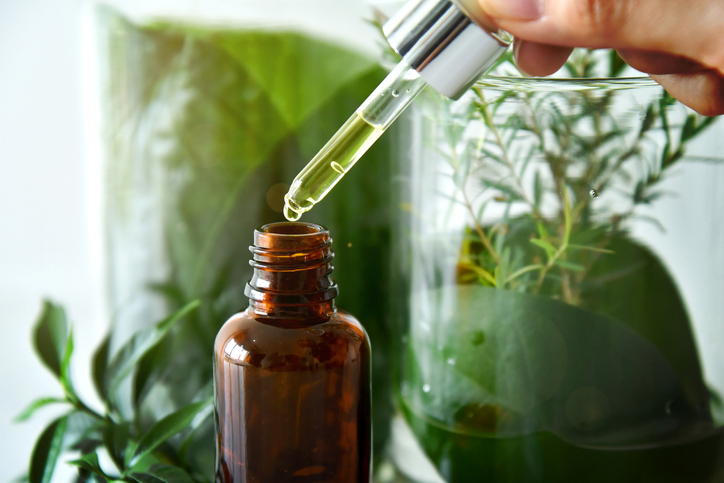 Scientist with natural drug research, Natural organic botany and scientific glassware, Alternative green herb medicine, Natural skin care beauty products