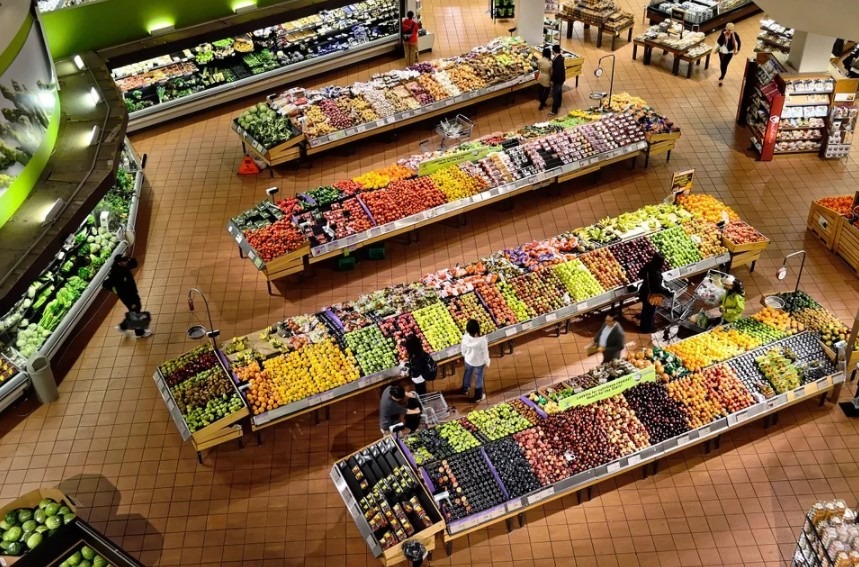 supermarket stalls with vegetables and fruits