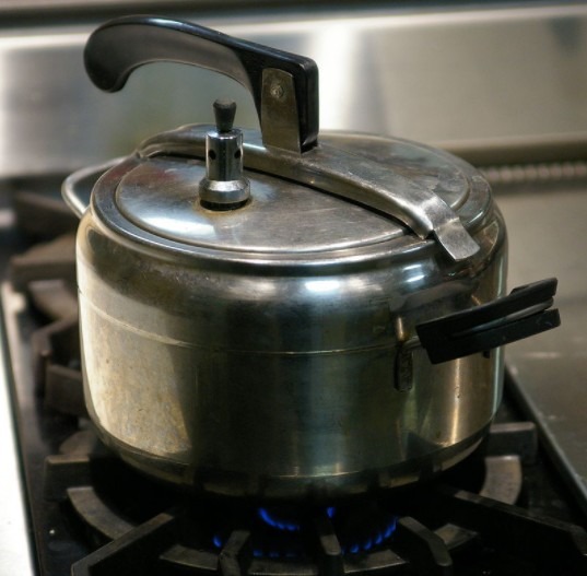A basic pressure cooker with a simple regulator and an oval lid