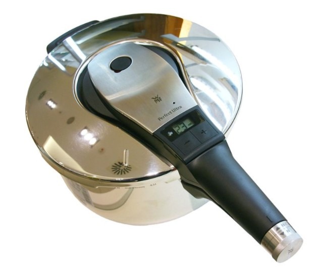 a modern Stove top pressure cooker with battery operated timer