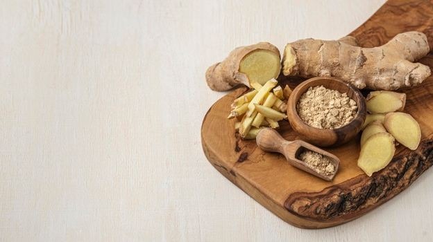 Picture of Assortment of ginger on a wooden board.